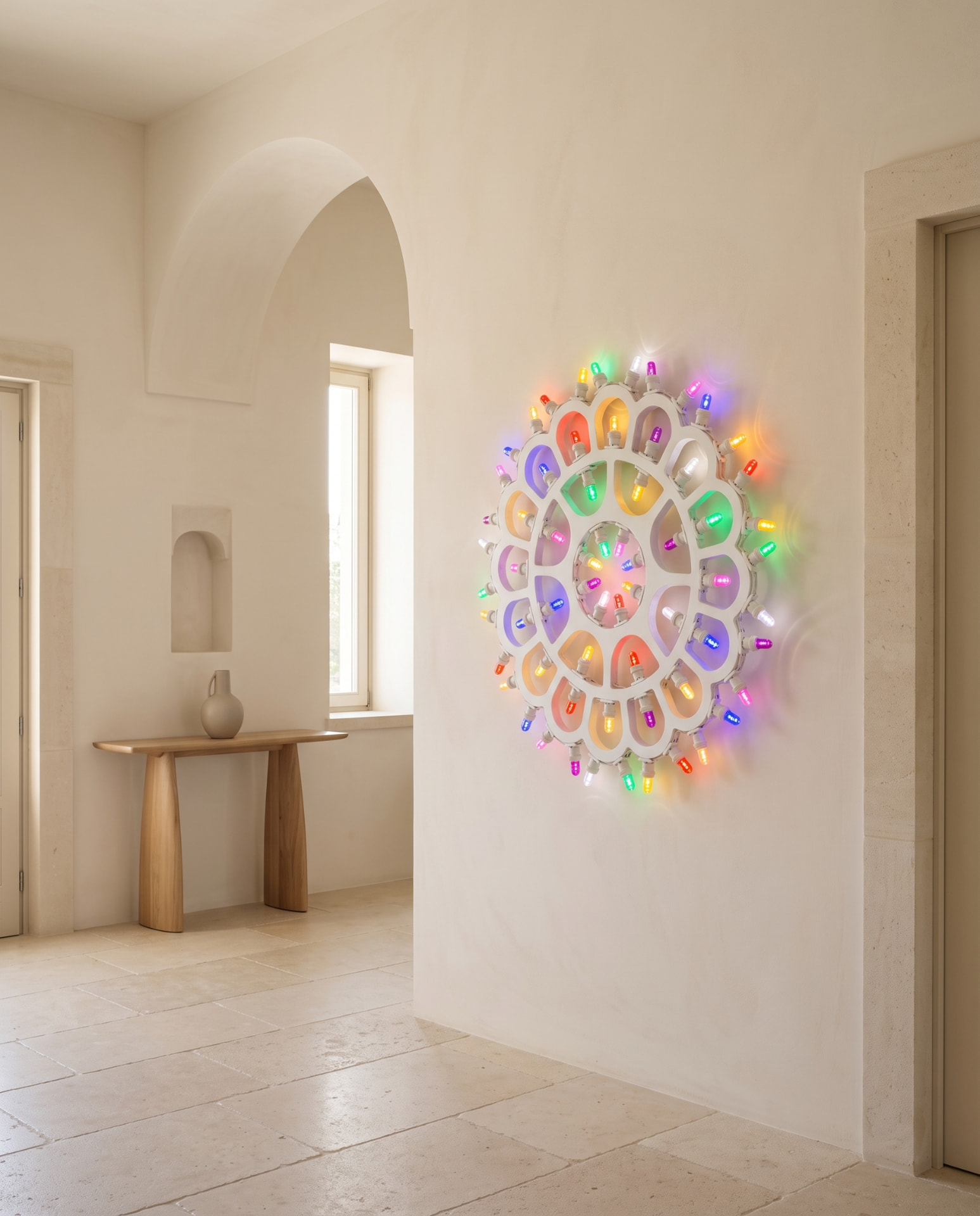 Rosone colorato multicoloured handmade Salento luminaria wall light in a contemporary Mediterranean interior