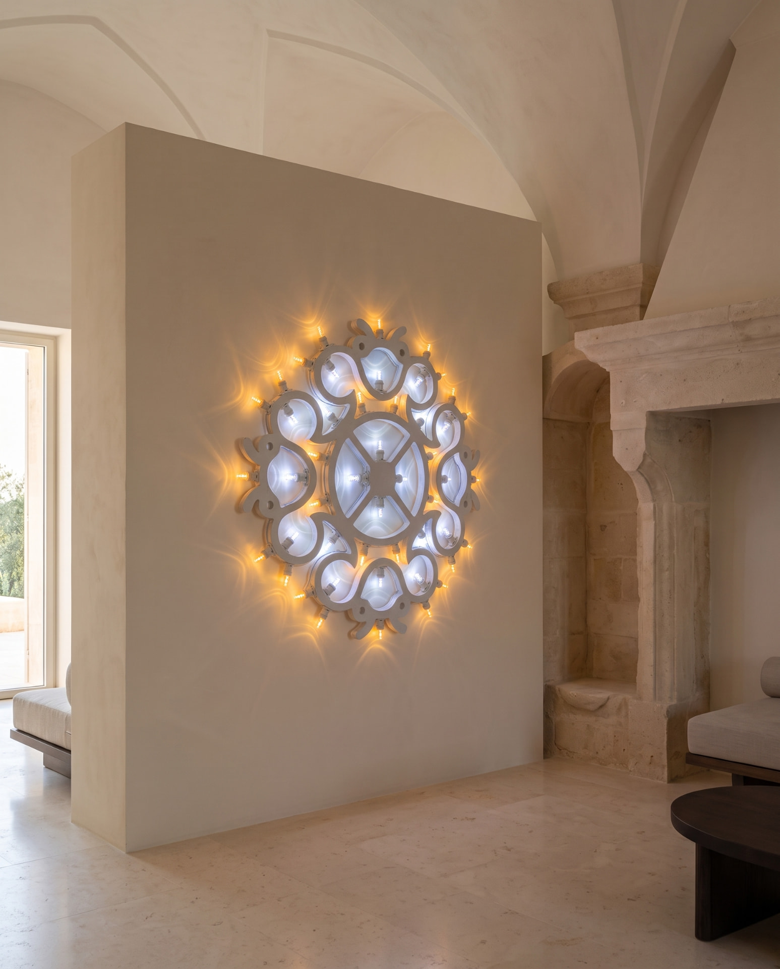 Rosone barocco handmade Salento luminaria wall light in a contemporary Mediterranean interior